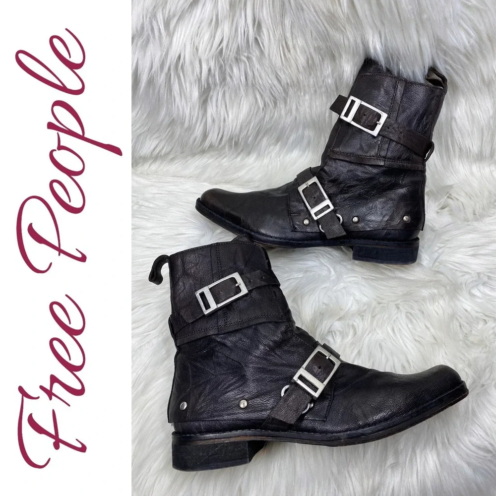 Free People Outsider Leather Double Buckle Moto Combat Boots Black Studded EU 39